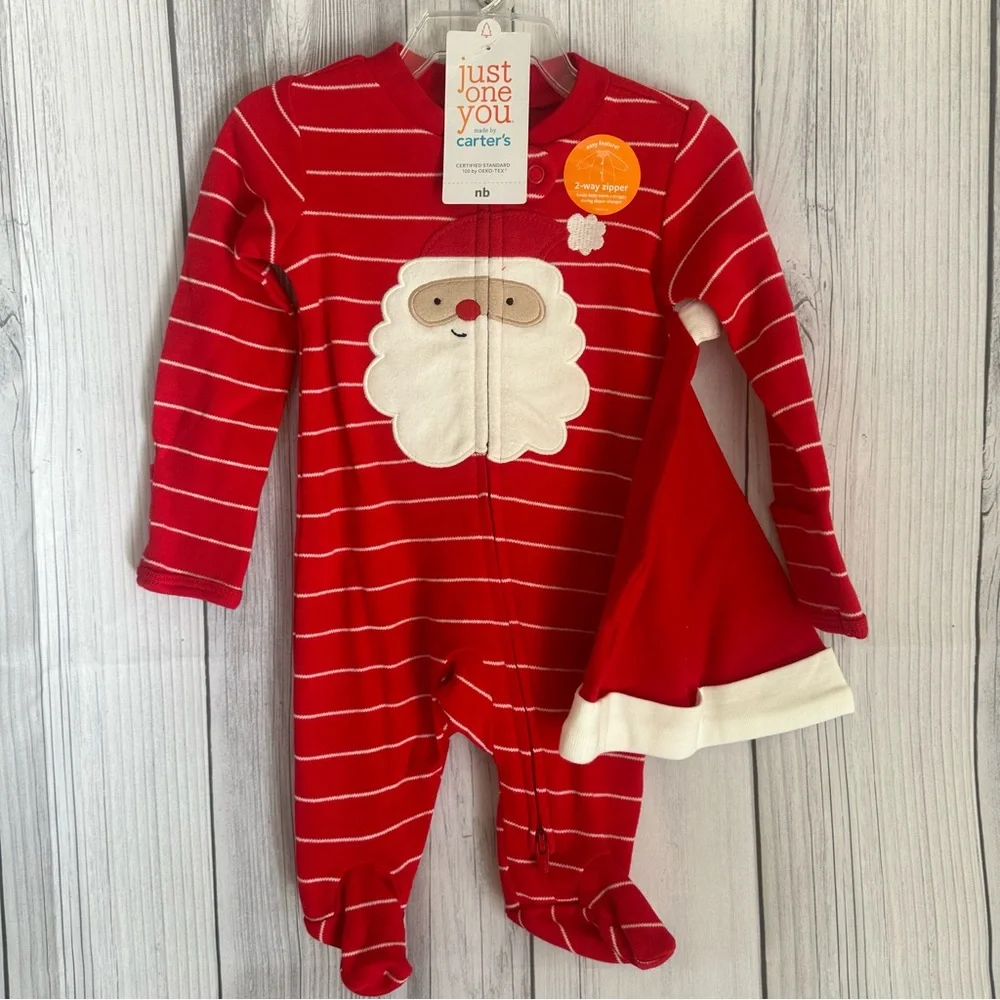 Carters 2 piece baby Santa striped sleep and play with hat